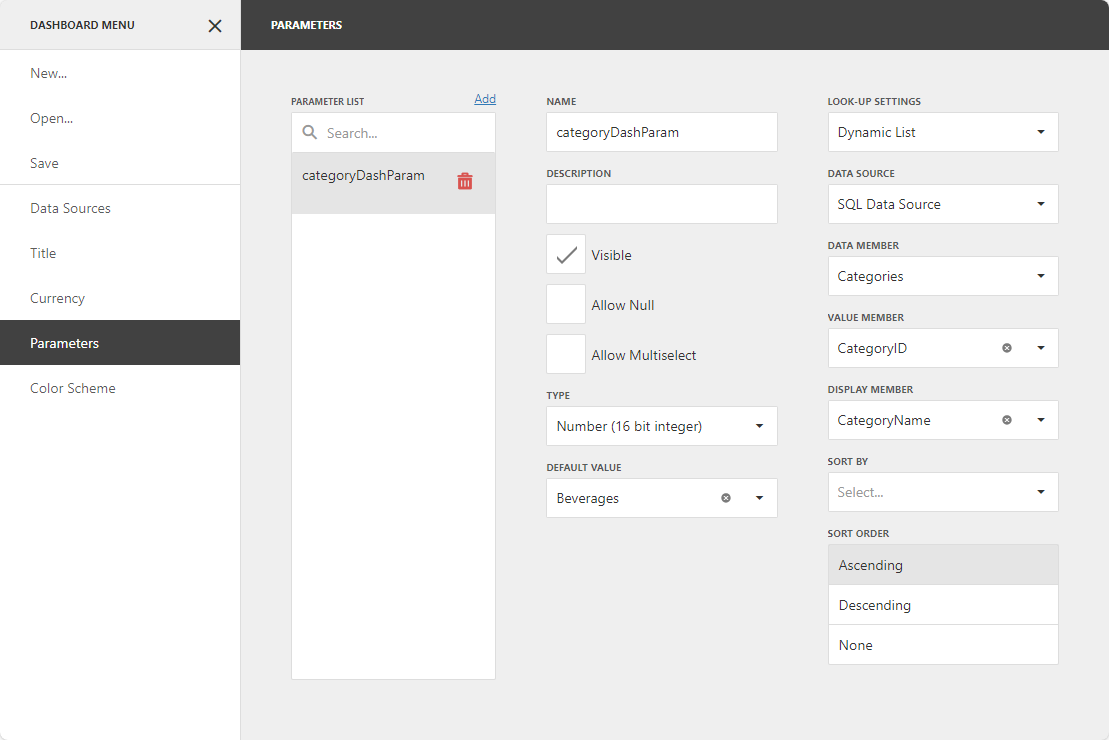 |Dashboard for Web - Create Dashboard Parameter