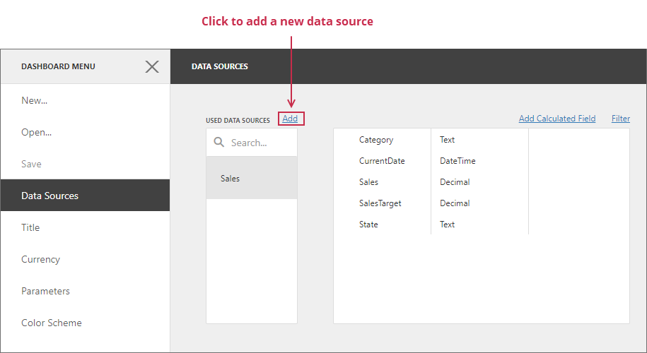 web Dashboard - Data sources page - "Add" button