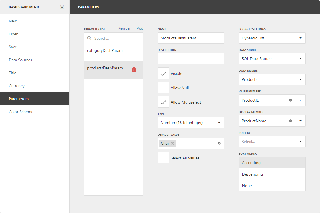 |Dashboard for Web - Create Dashboard Parameter