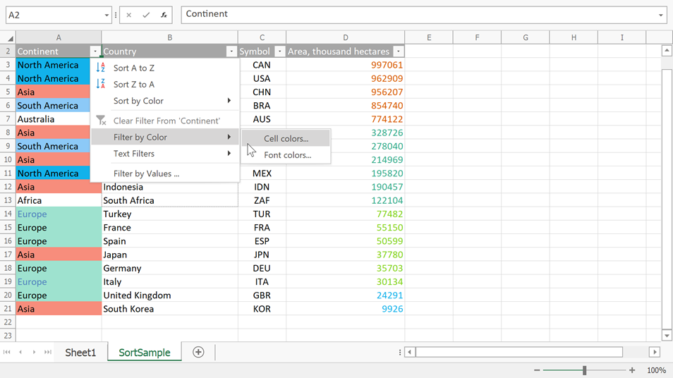 Spreadsheet winforms apply color filter