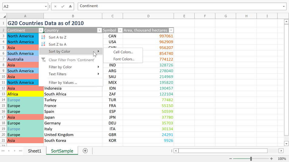 spreadsheet winforms sort by color