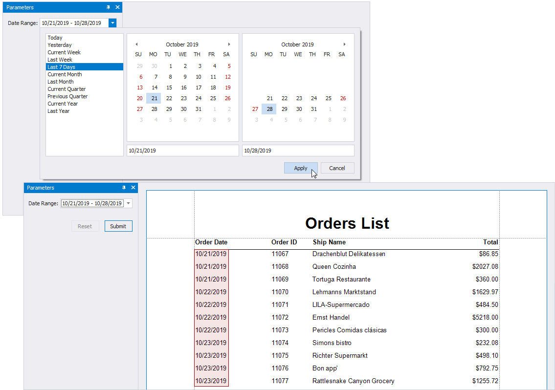 A date range parameter's editor in Preview