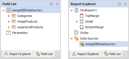 MongoDB data source in the Field List and Report Explorer