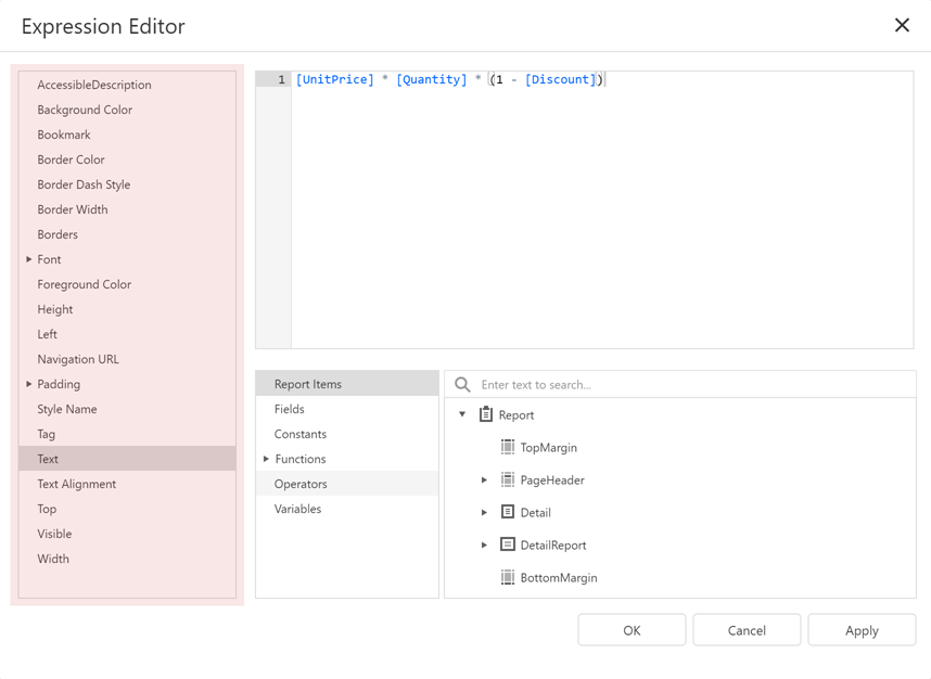 Properties List in the Expression Editor