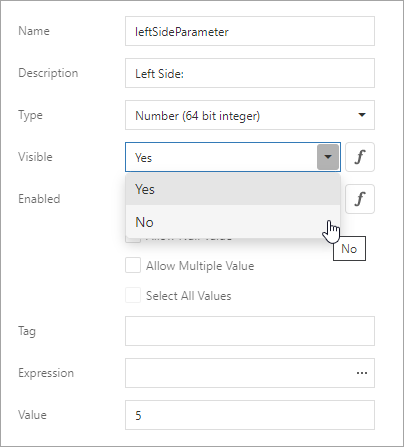 Hide a parameter from the Parameters panel