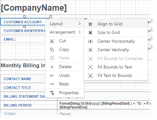 Web Report Designer - Context Menu for Report Controls